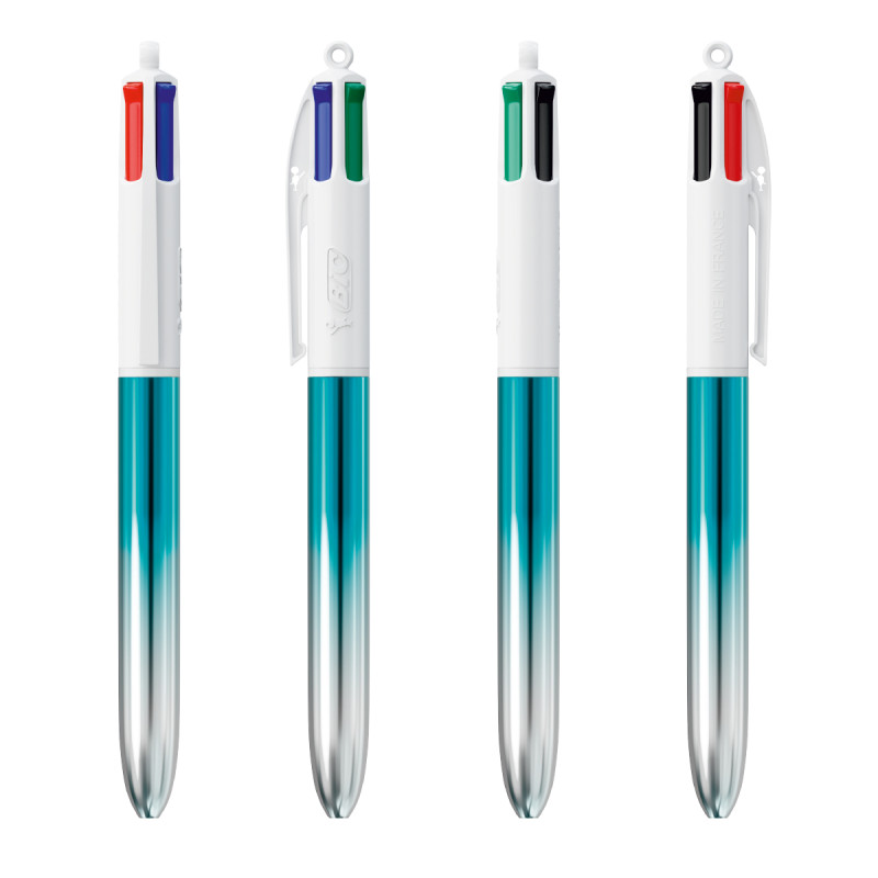 Stylo BIC® 4 couleurs bille BICOLOR METALLIC FRANCE avec marquage inclus 1 coul Bleu turquoise argent