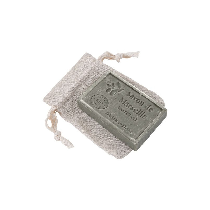 Savon de Marseille Exfoliant 100g avec marquage sur pochon Fabrication FRANCE